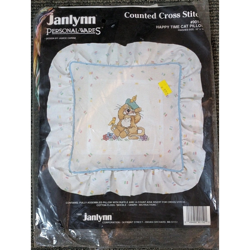 Vtg Happy Time Cat Ruffle Pillow Janlynn Counted Cross Stitch 901-52 1989 Birds
